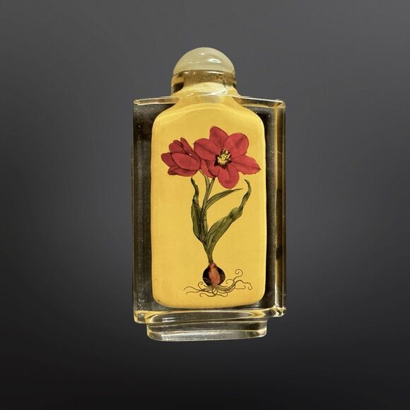 Antique Chinese Reverse Hand Painted TULIP FLORAL Snuff Imperial Yellow Bottle - Picture 1 of 9